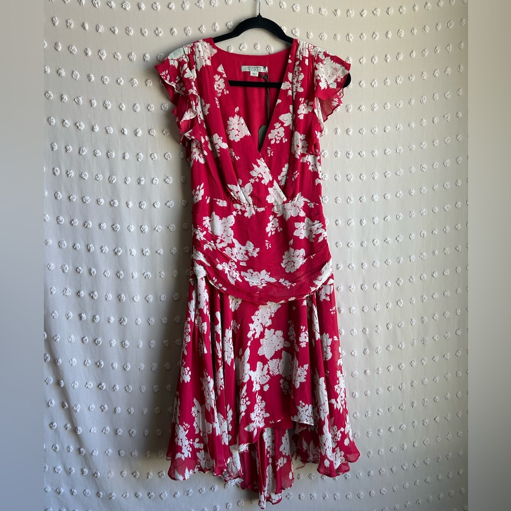 NWT AllSaints Caris‎ Lea Dress Midi Short Sleeve Floral Sz 6 Hot Pink